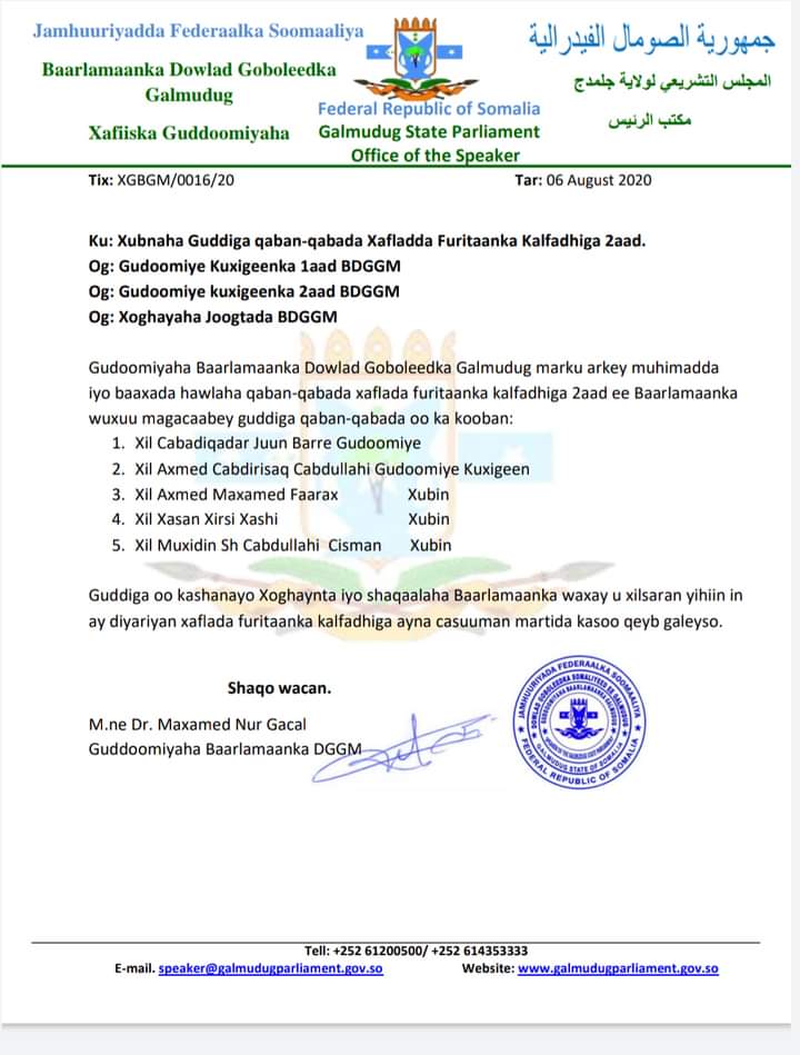 Guddoomiyaha Baarlamaanka Galmudug Oo Magacaabay Guddi | Allgalgaduud.Com